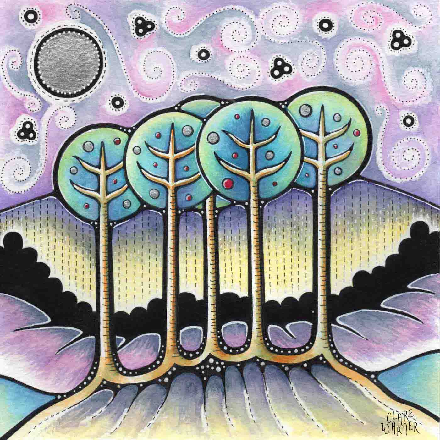 Mixed media painting of an imaginary scene with 'lollipop' trees beneath a silvery moon.