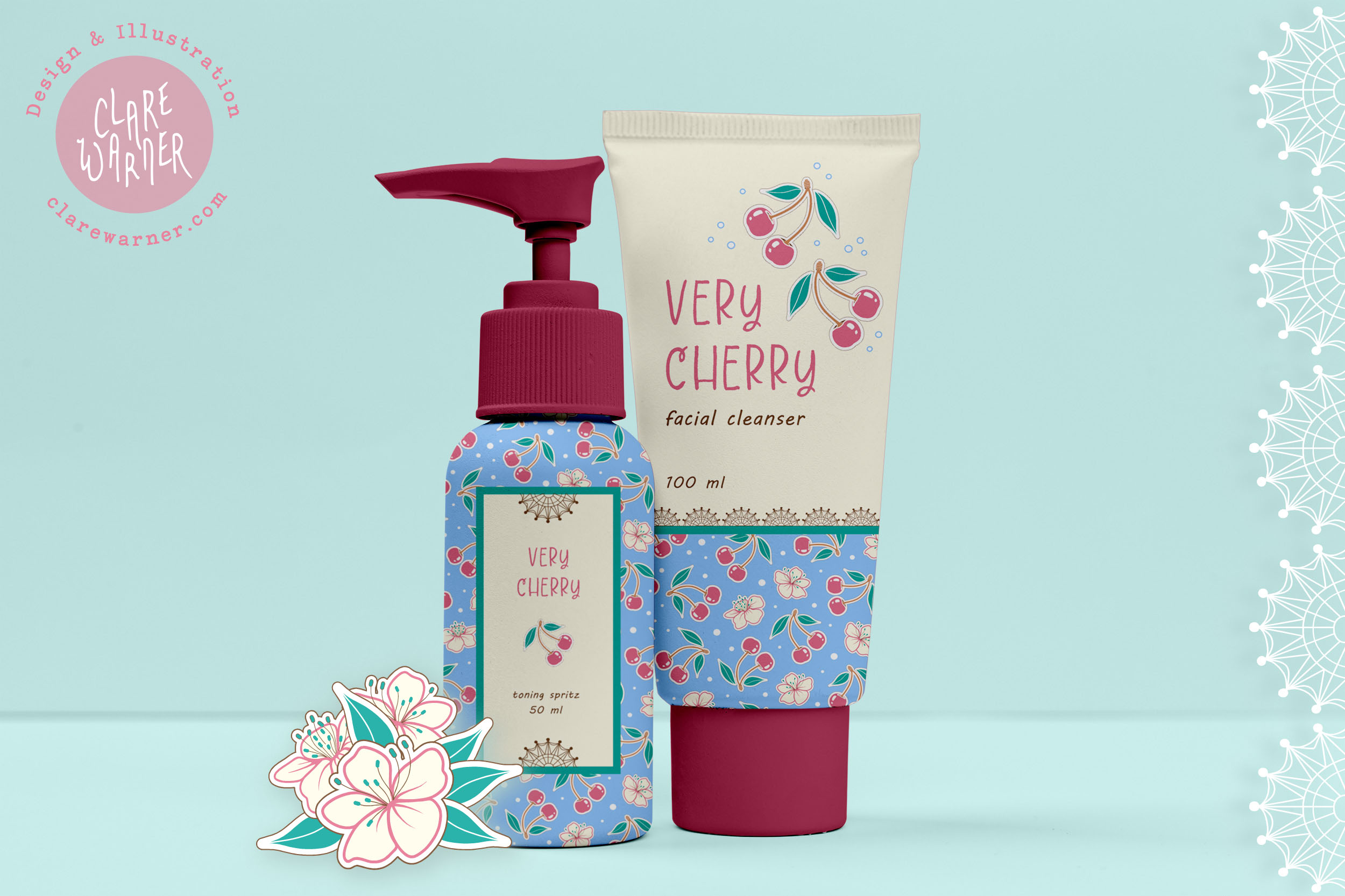 Very Cherry beauty branding. Facial cleanser and toning spritz.