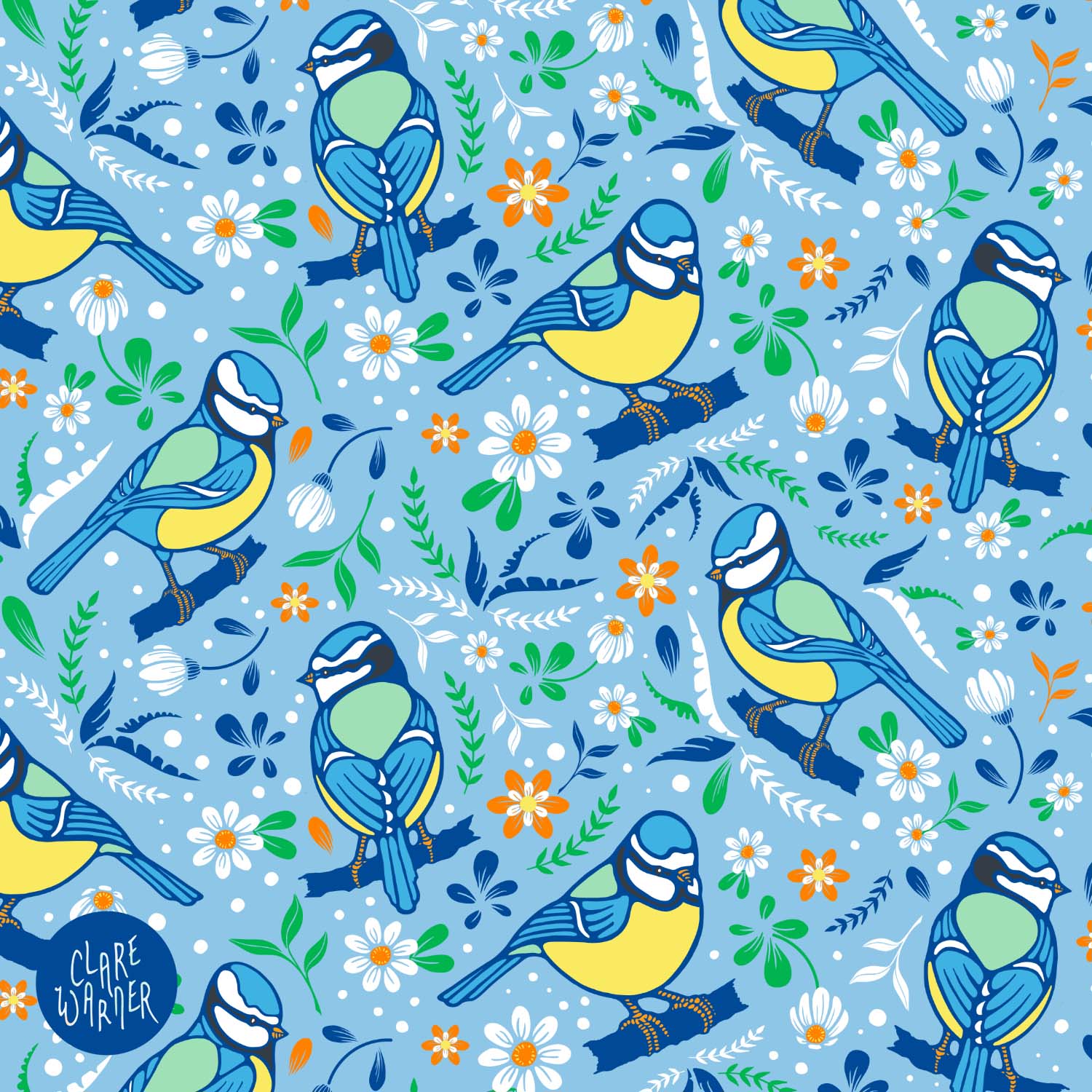 Blue Tits and Daisies pattern sample